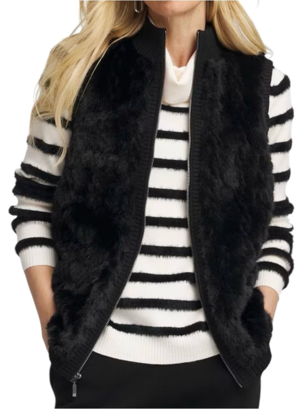 Chico's Zenergy Women's Black Faux Fur Zen Luxe Ribbed Zip Up Vest Size 3 (XL)